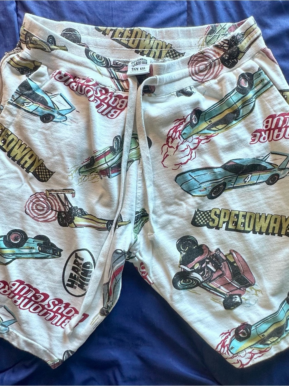 Billionaire Boys Club Cream Drawstring Shorts with Multi-Color Racing Graphics
